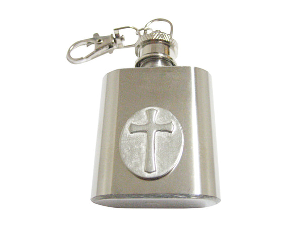 Oval Religious Cross 1 Oz. Stainless Steel Key Chain Flask