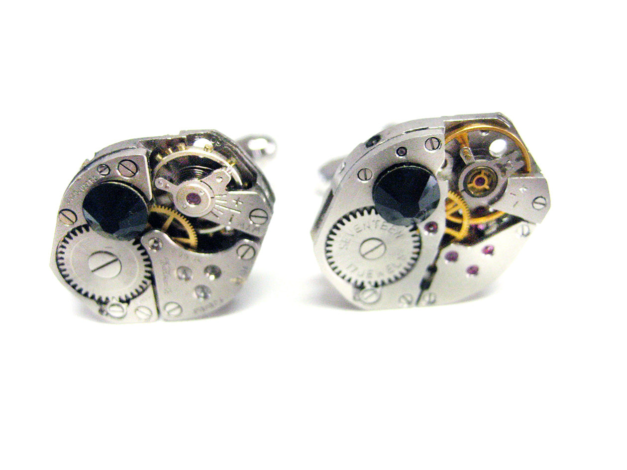 Oval Steampunk Watch Cufflinks with Black Swarovski Crystals