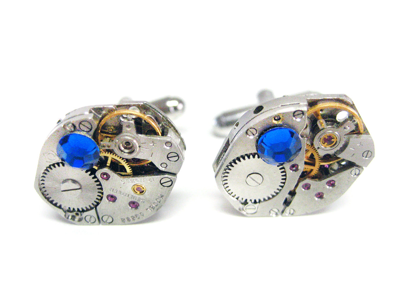 Oval Steampunk Watch Cufflinks with Blue Swarovski Crystals