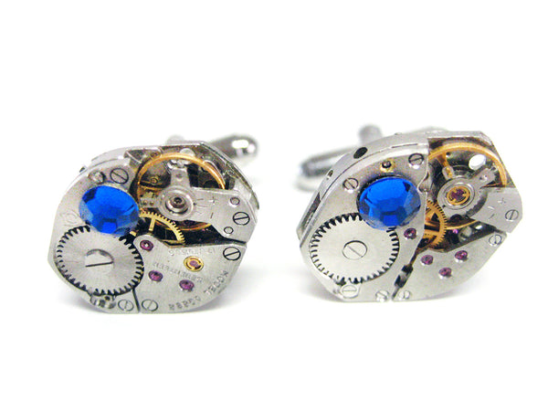 Oval Steampunk Watch Cufflinks with Blue Swarovski Crystals