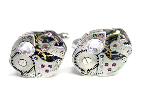 Oval Steampunk Watch Cufflinks with Clear Swarovski Crystals