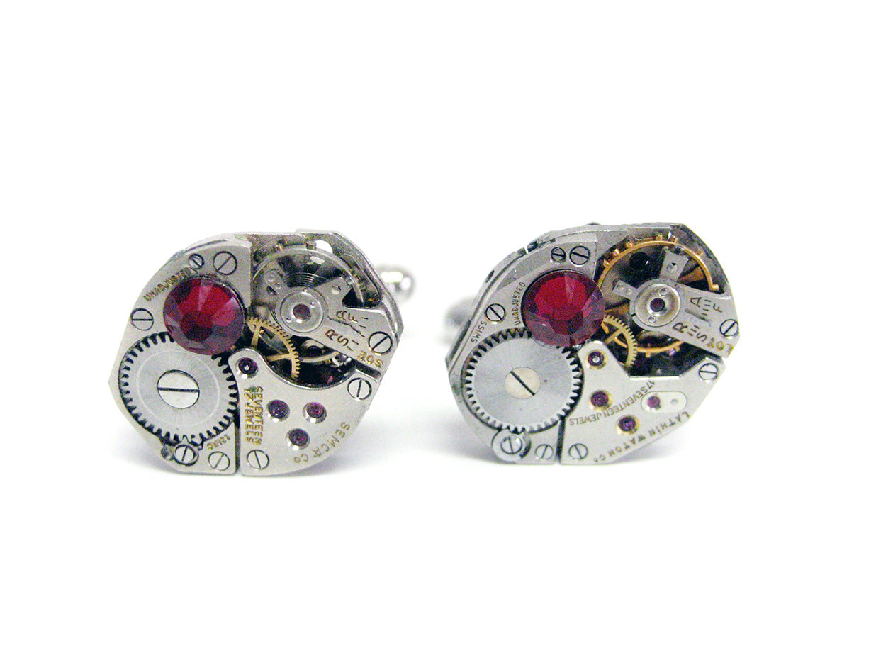 Oval Steampunk Watch Cufflinks with Red Swarovski Crystals