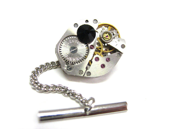 Oval Watch Gear Tie Tack with Black Swarovski Crystals
