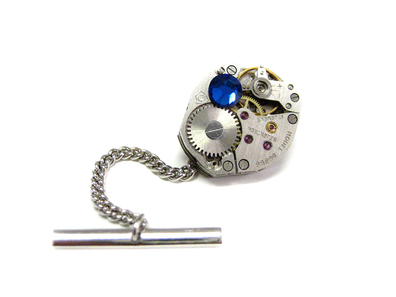 Oval Watch Gear Tie Tack with Blue Swarovski Crystals
