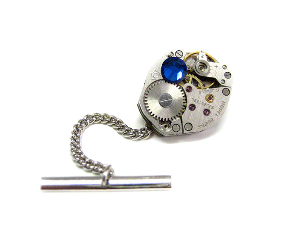 Oval Watch Gear Tie Tack with Blue Swarovski Crystals