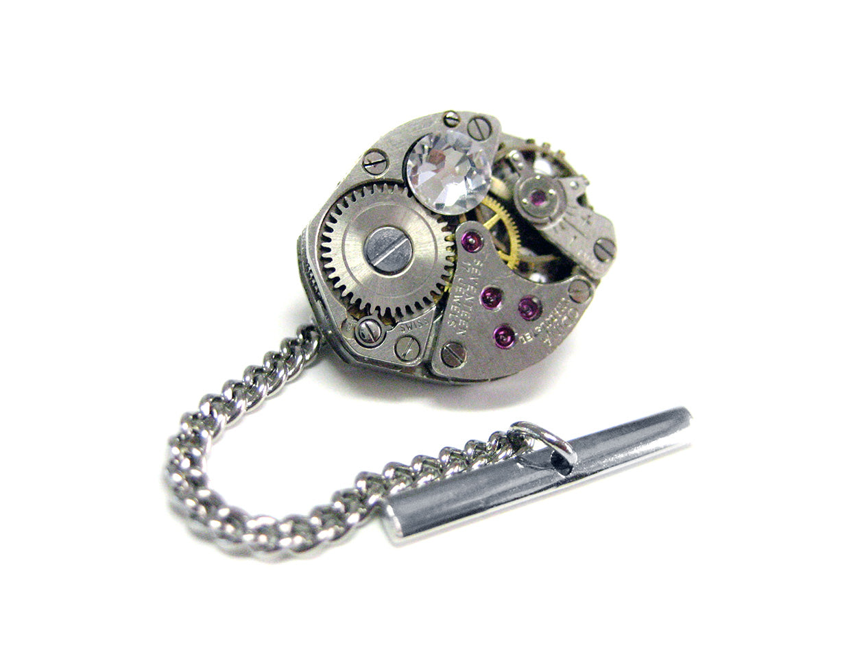 Oval Watch Gear Tie Tack with Clear Swarovski Crystals