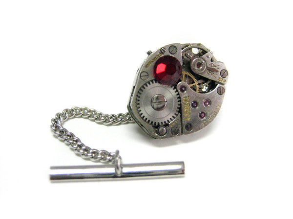 Oval Watch Gear Steampunk Tie Tack with Red Swarovski Crystals