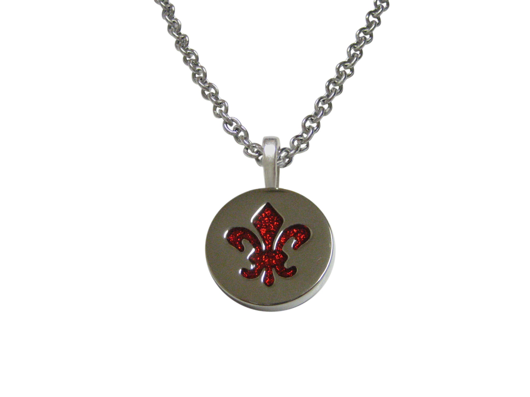 Red and Silver Fleur de Lys Pendant Necklace