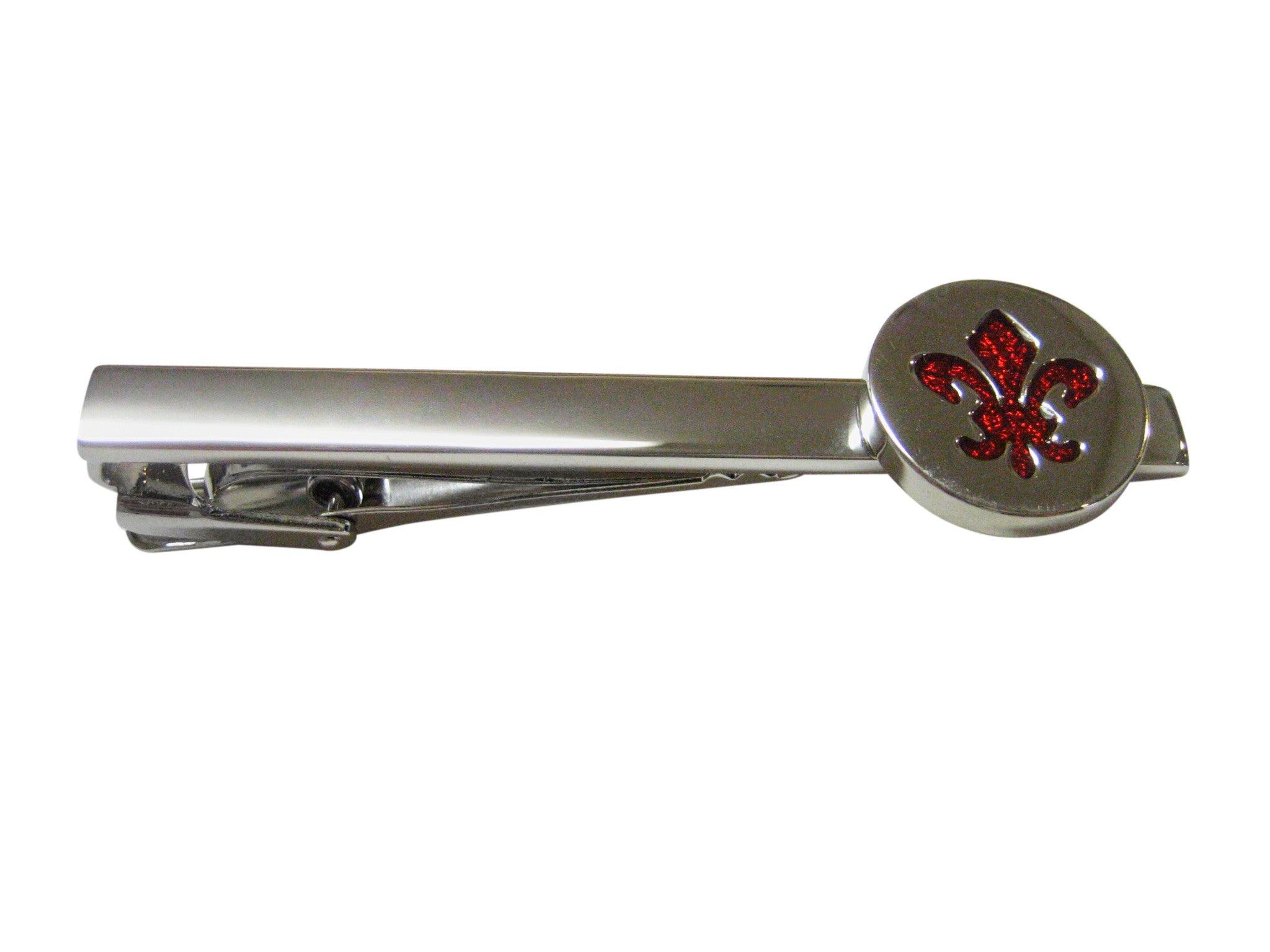 Red and Silver Toned Fleur de Lys Square Tie Clip