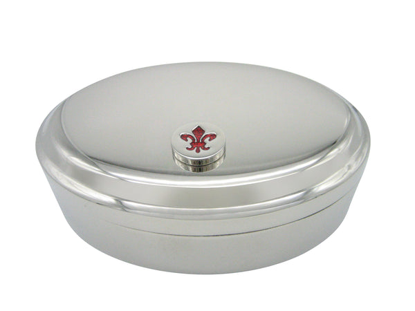 Red and Silver Toned Fleur de Lys Pendant Oval Trinket Jewelry Box