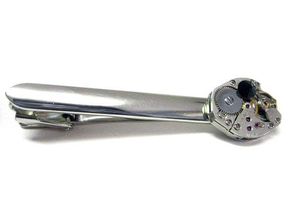 Rhodium Plated Steam Punk Round Watch Gear Tie Clip with Black Swarovski Crystals
