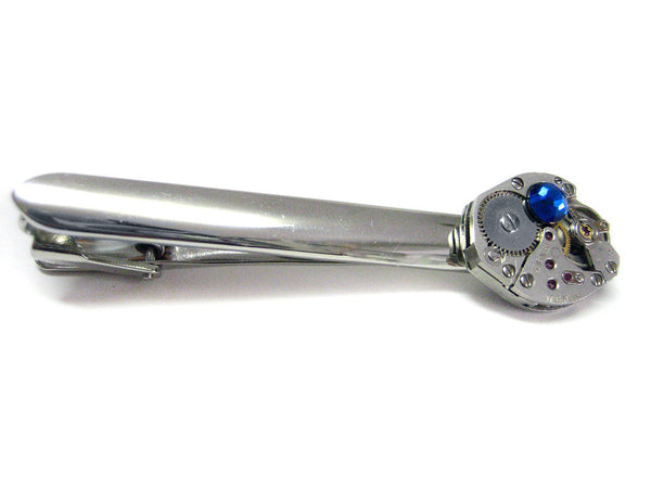 Rhodium Plated Steam Punk Round Watch Gear Tie Clip with Blue Swarovski Crystals