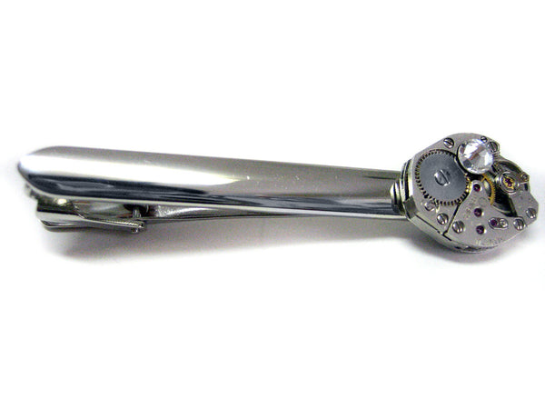 Rhodium Plated Steam Punk Round Watch Gear Tie Clip with Clear Swarovski Crystal