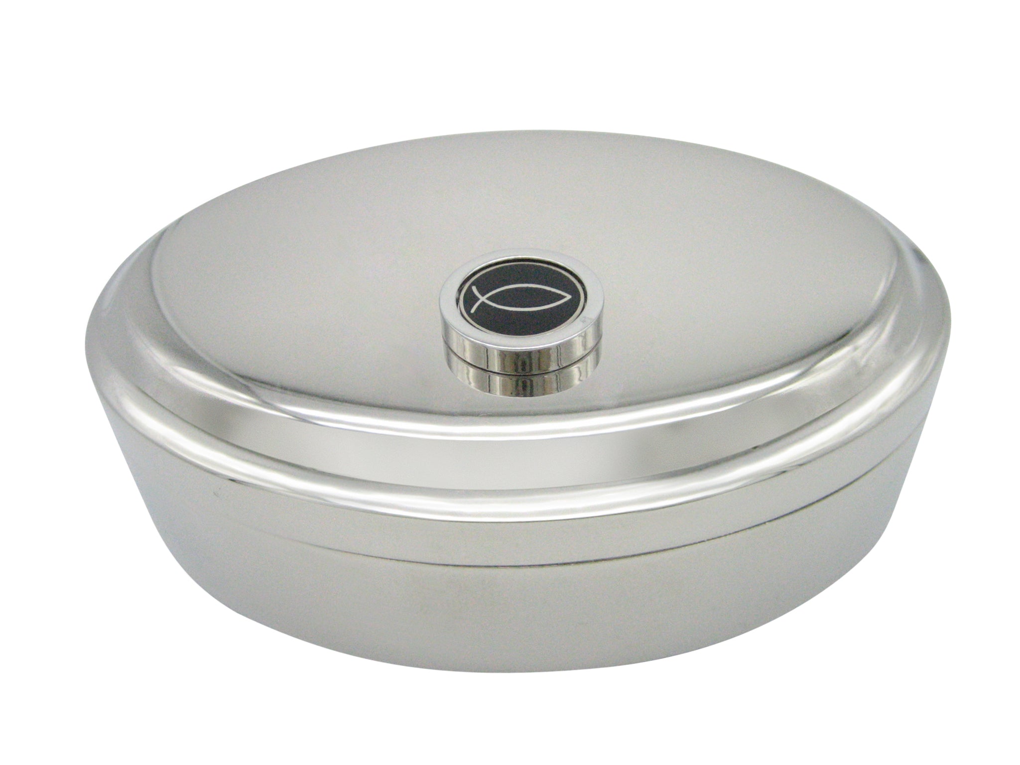 Right Facing Black and Silver Toned Religious Ichthys Fish Pendant Oval Trinket Jewelry Box