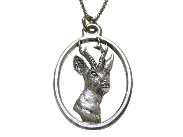 Roe Buck Deer Head Large Oval Pendant Necklace