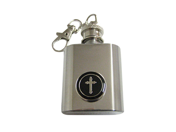 Round Black Religious Cross 1 Oz. Stainless Steel Key Chain Flask