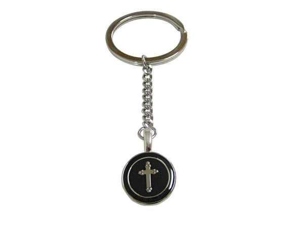 Round Black Religious Cross Pendant Keychain