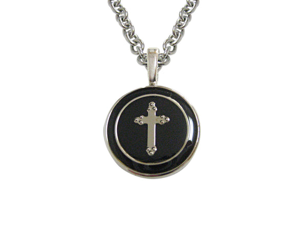 Round Black Religious Cross Pendant Necklace
