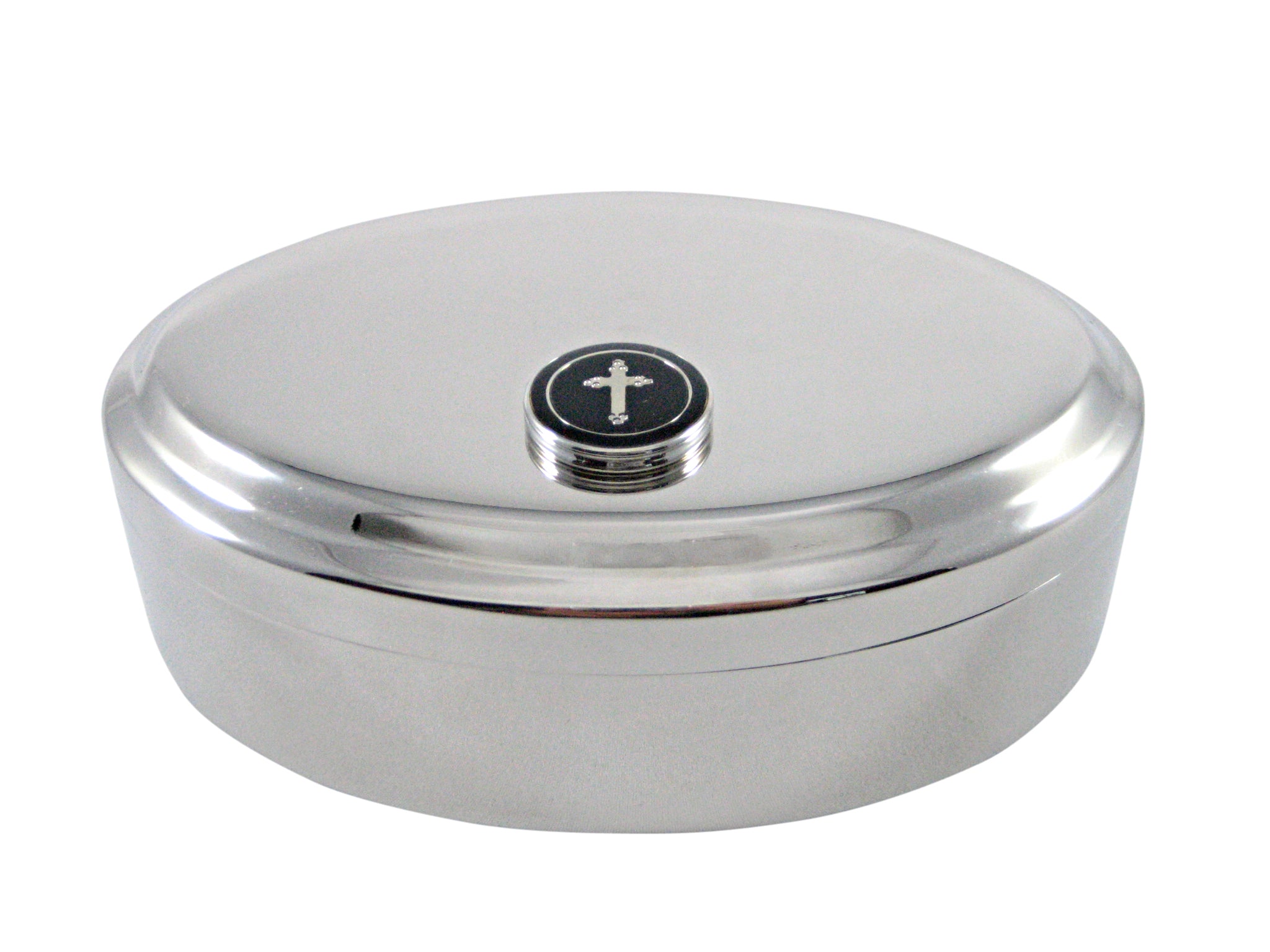 Round Black Religious Cross Pendant Oval Trinket Jewelry Box