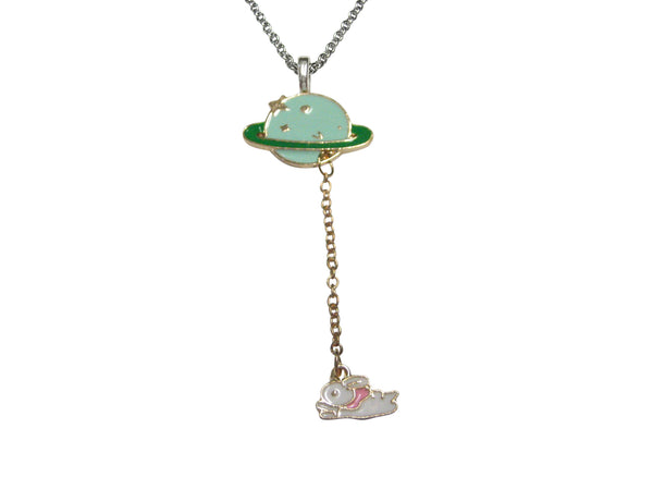 Saturn Planet with Chained Happy Rabbit Pendant Necklace