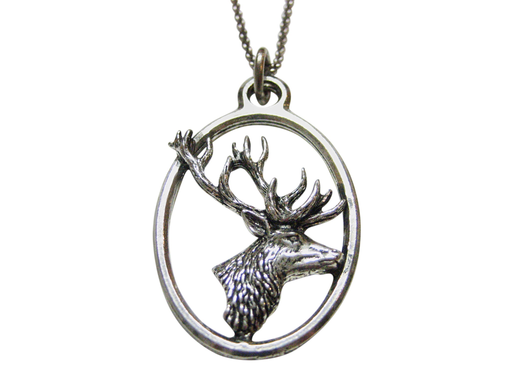 Side Facing Stag Deer Head Large Oval Pendant Necklace
