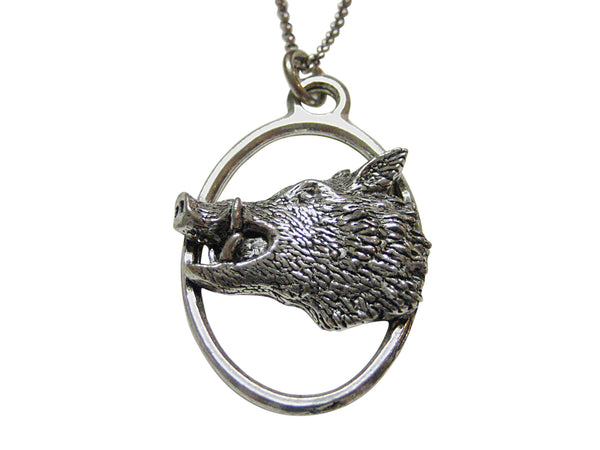Side Facing Wild Boar Hog Head Large Oval Pendant Necklace