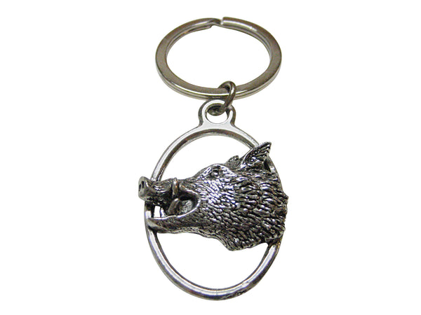 Side Facing Wild Boar Hog Head Oval Key Chain