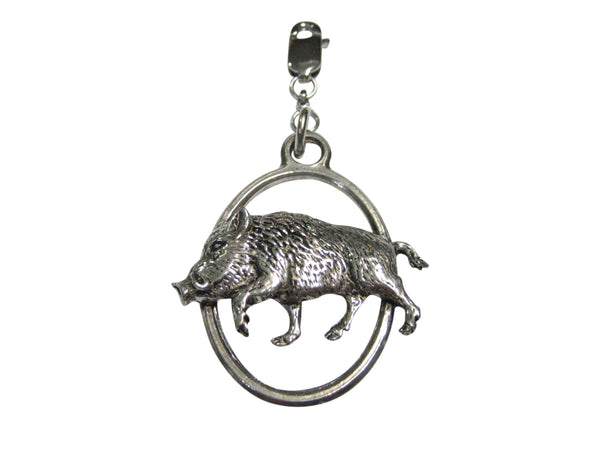 Side Walking Boar Hog Razorback Pig Large Oval Pendant Zipper Pull Charm