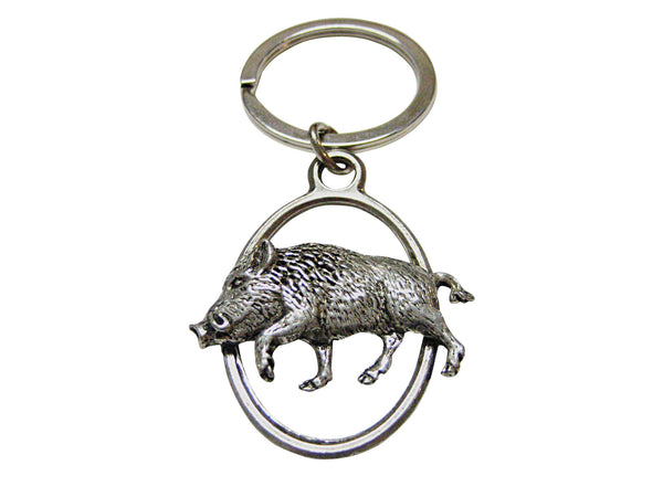 Side Walking Boar Oval Key Chain
