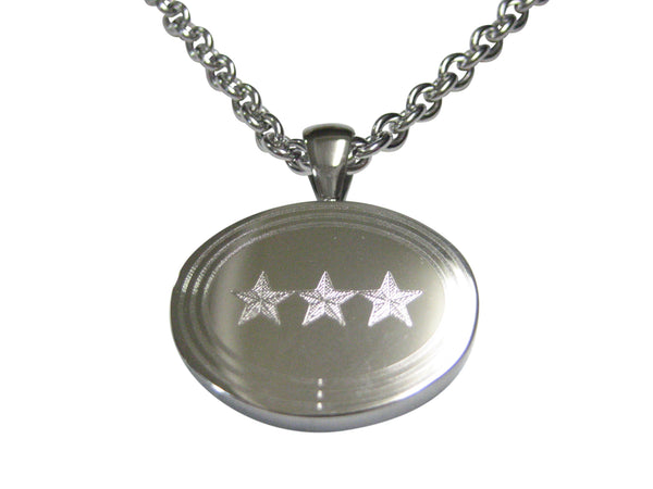 Silver Toned Etched Oval 3 Stars Pendant Necklace