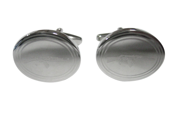 Silver Toned Etched Oval AK47 Rifle Cufflinks