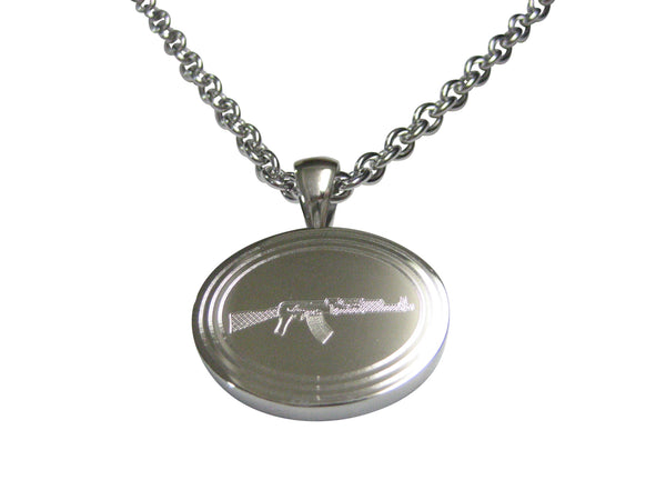 Silver Toned Etched Oval AK47 Rifle Pendant Necklace