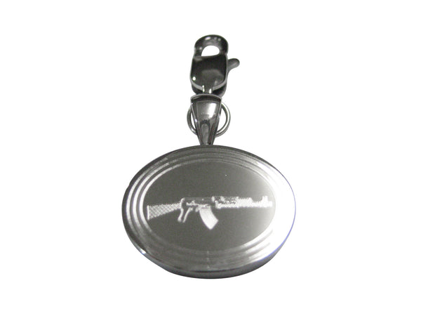 Silver Toned Etched Oval AK47 Rifle Pendant Zipper Pull Charm