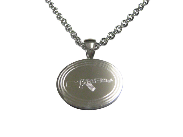 Silver Toned Etched Oval AK47 Rifle V4 Pendant Necklace