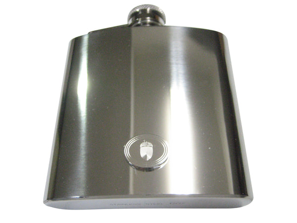 Silver Toned Etched Oval Acorn 6oz Flask