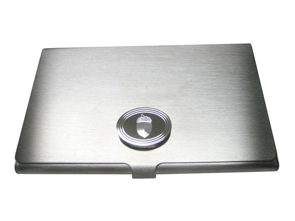 Silver Toned Etched Oval Acorn Business Card Holder