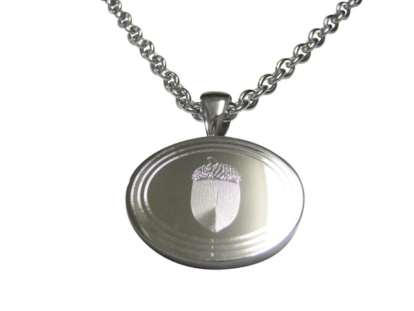 Silver Toned Etched Oval Acorn Pendant Necklace