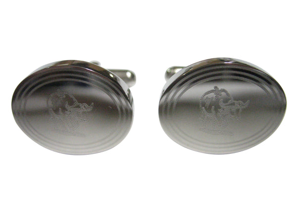 Silver Toned Etched Oval African Buffalo Cufflinks