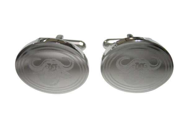 Silver Toned Etched Oval African Buffalo Head Cufflinks