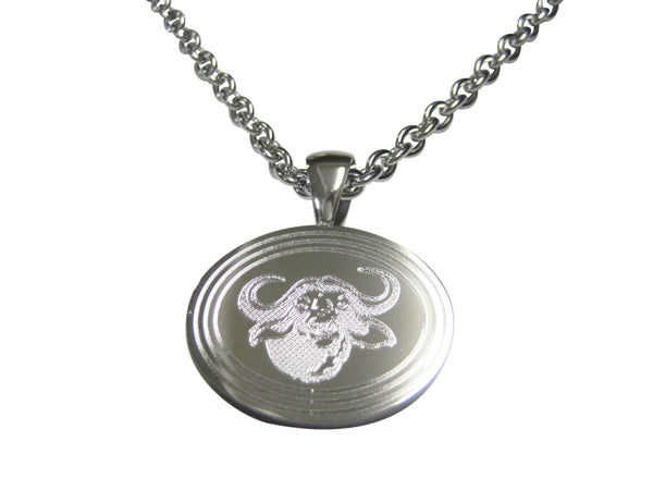 Silver Toned Etched Oval African Buffalo Head Pendant Necklace