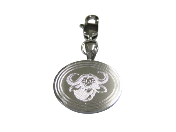 Silver Toned Etched Oval African Buffalo Head Pendant Zipper Pull Charm