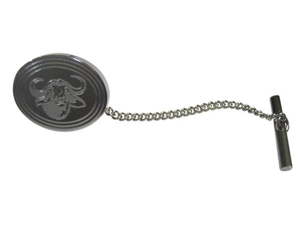 Silver Toned Etched Oval African Buffalo Head Tie Tack