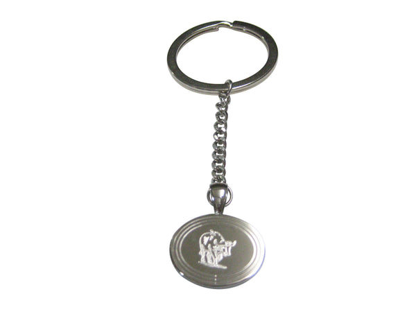 Silver Toned Etched Oval African Buffalo Pendant Keychain