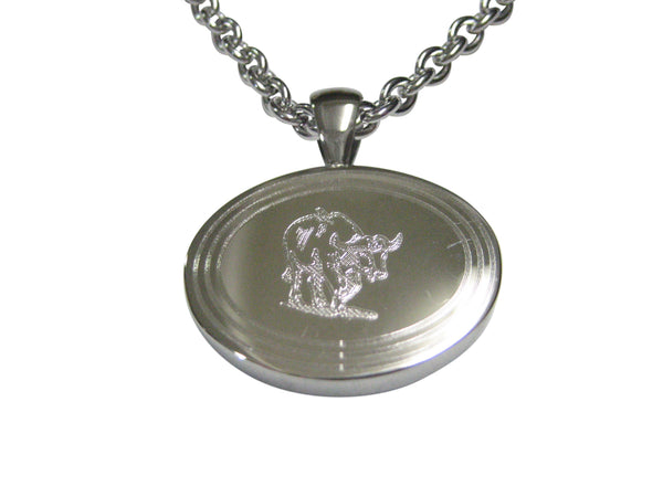Silver Toned Etched Oval African Buffalo Pendant Necklace