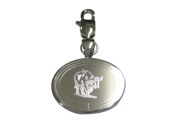 Silver Toned Etched Oval African Buffalo Pendant Zipper Pull Charm