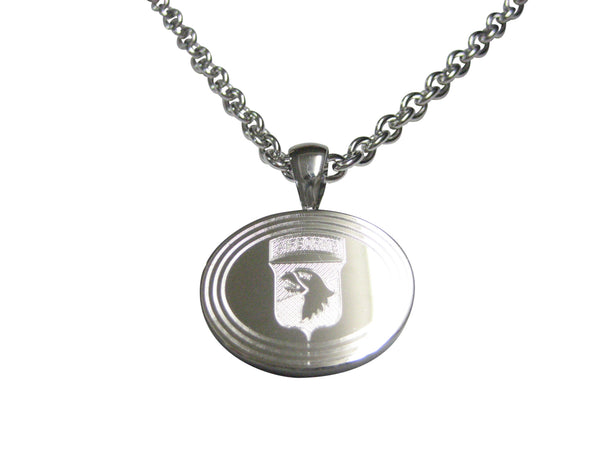 Silver Toned Etched Oval Airborne Design Pendant Necklace