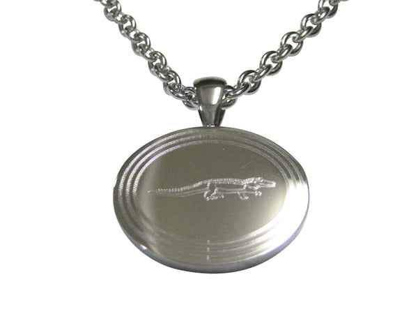 Silver Toned Etched Oval Alligator Crocodile Pendant Necklace