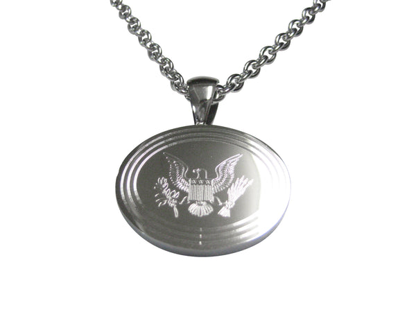 Silver Toned Etched Oval American Eagle Design Pendant Necklace