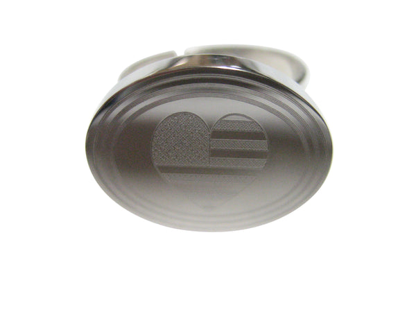 Silver Toned Etched Oval American Flag with Heart Adjustable Size Fashion Ring