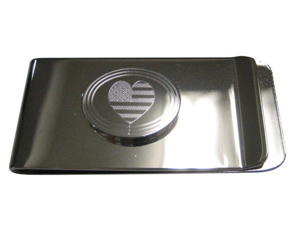 Silver Toned Etched Oval American Flag with Heart Money Clip